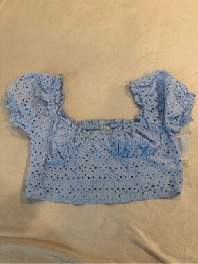 Love tree Light Blue Eyelet Puff Sleeve Crop Top